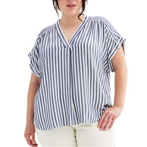 Workshop Blue Striped Extended Shoulder V Neck Top